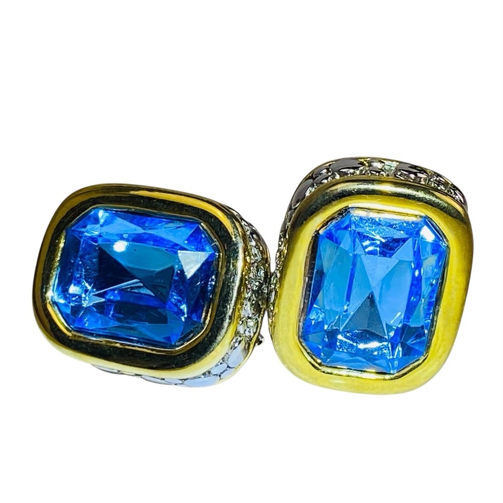Vintage Rectangle Silver Goldtone Large Blue Gemstone Fashion Clip-on Earrings